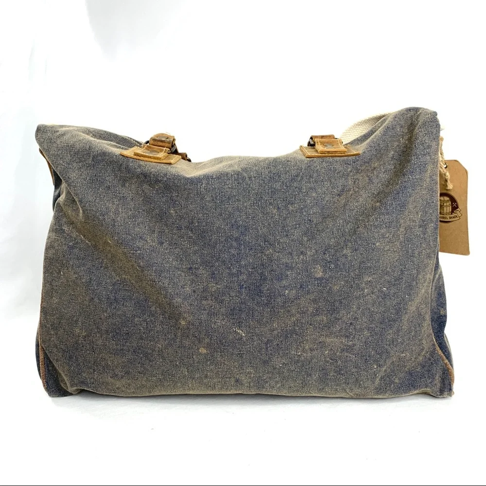 The Barrel Shack Owen Blue Canvas Large Messenger Bag Brown Leather Trim